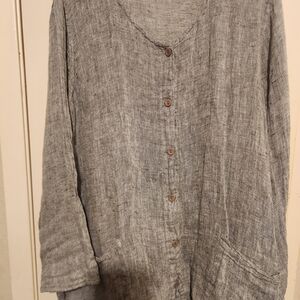 Flax Long Sleeves Button Down Gray Pockets Linen Gauze Tunic Large B48"